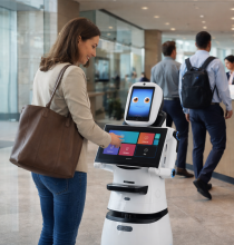 Robô Xyron ConnectBot na recepção interagindo com uma usuária.